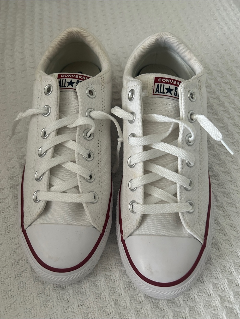 Converse White Low-Top Sneakers with Red Stripe